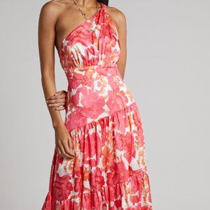 PEONY BLOSSOM MIDI DRESS - ONE SHOULDER RUCHED TIERED DRESS